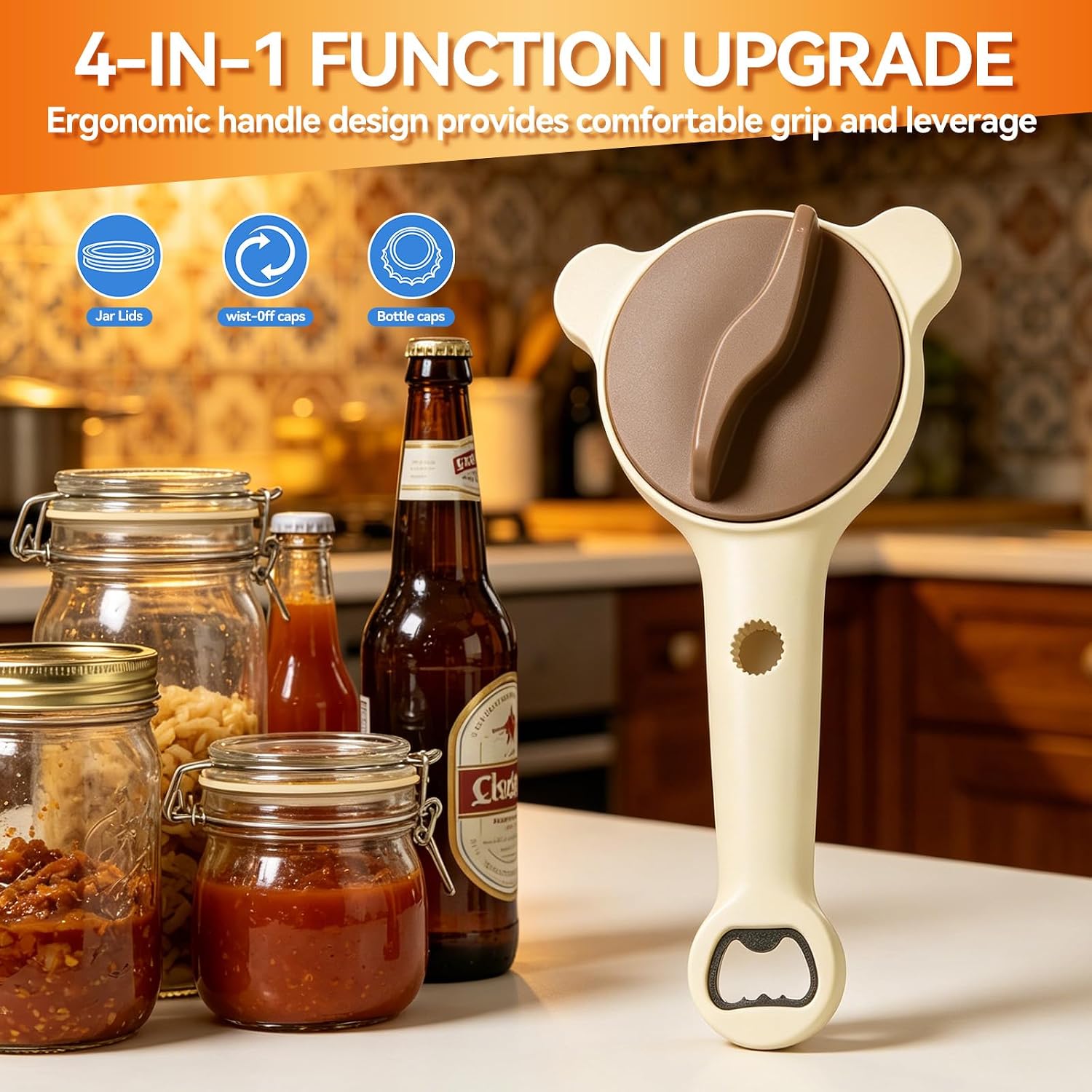 4-in-1 Multifunctional Jar and Bottle Opener, with Anti-Slip Pad, Adjustable for Weak Hands and Seniors, Easily Opens Jars, Bottle Caps, and Beer Caps, for Kitchen, Picnic, Camping（2 pack)