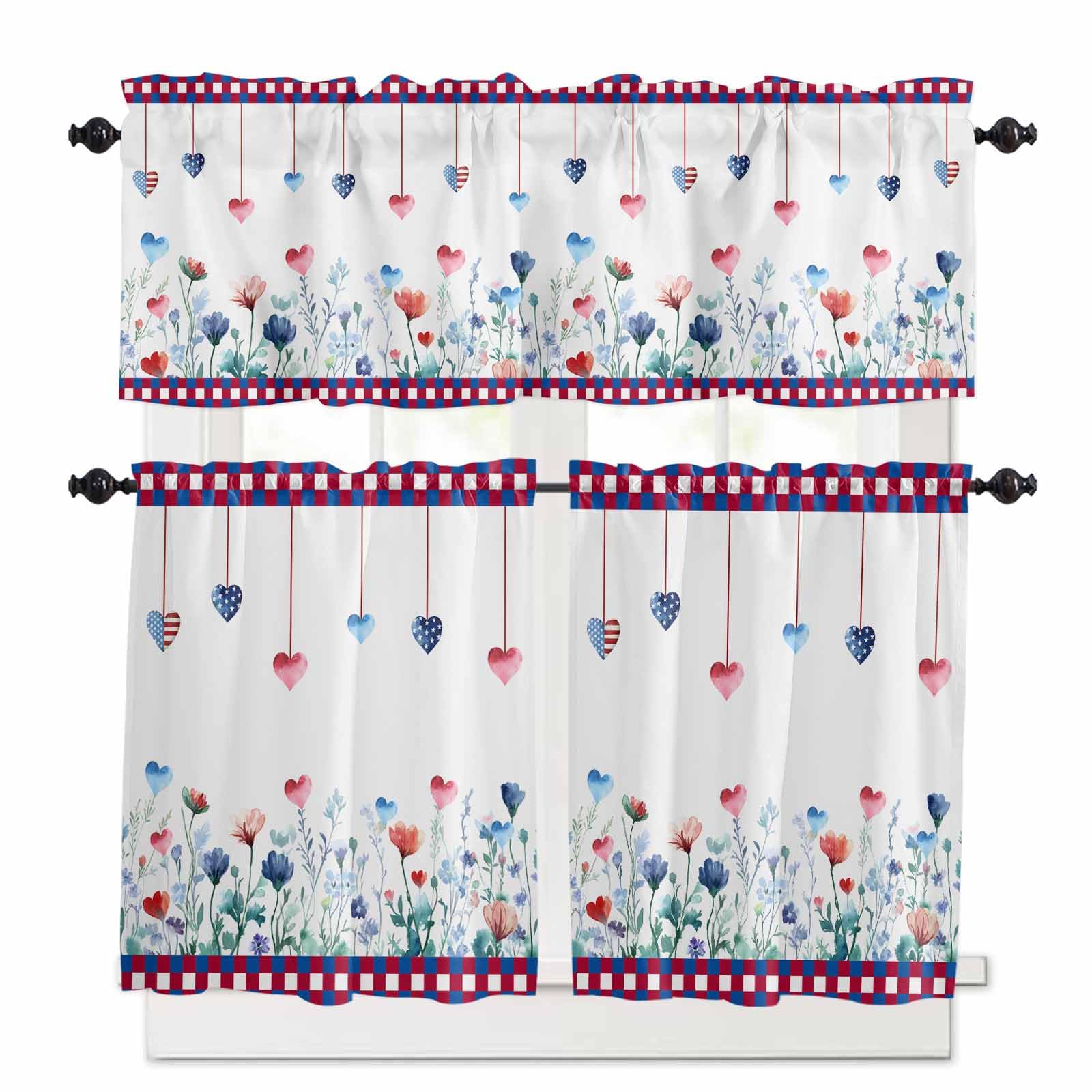 4th of July Kitchen Curtains 24 Inch Length,3 Piece Rod Pocket Small Half Tiers and Valance Set,Spring Floral Love Heart Independence Day Small Large Window Treatment Decor for Bedroom/Bathroom Sink