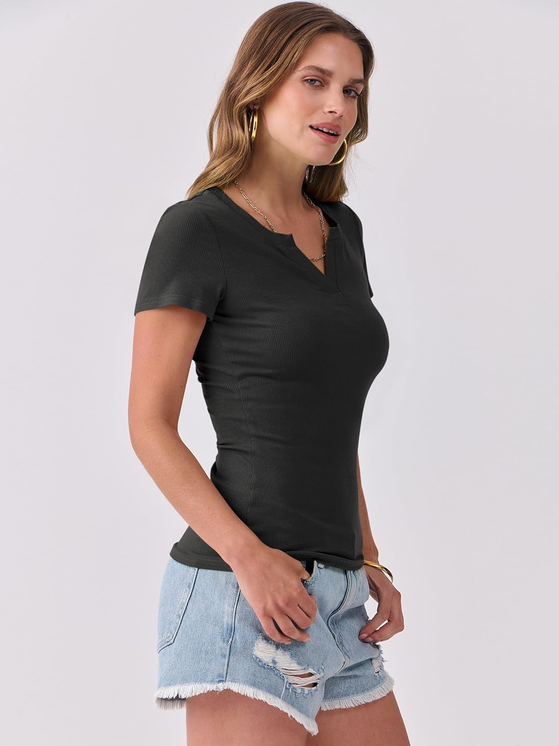 ANRABESS Women Short Sleeve Tops V Neck Rib Knit Slim Fit Shirts Basic Tee 2026 Summer Casual T-Shirt Outfits Clothes - Image 3