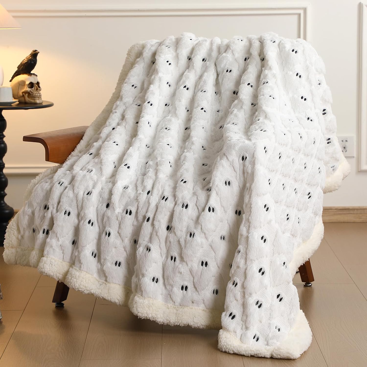 Halloween Sherpa Throw Blanket 3D Ghost Pumpkin Blanket Double-Sided Thick Soft Plush Fluffy Spooky Halloween Decoration for Couch, Bed, Sofa Holiday Party Gifts, 50" x 60"(White,Ghost)