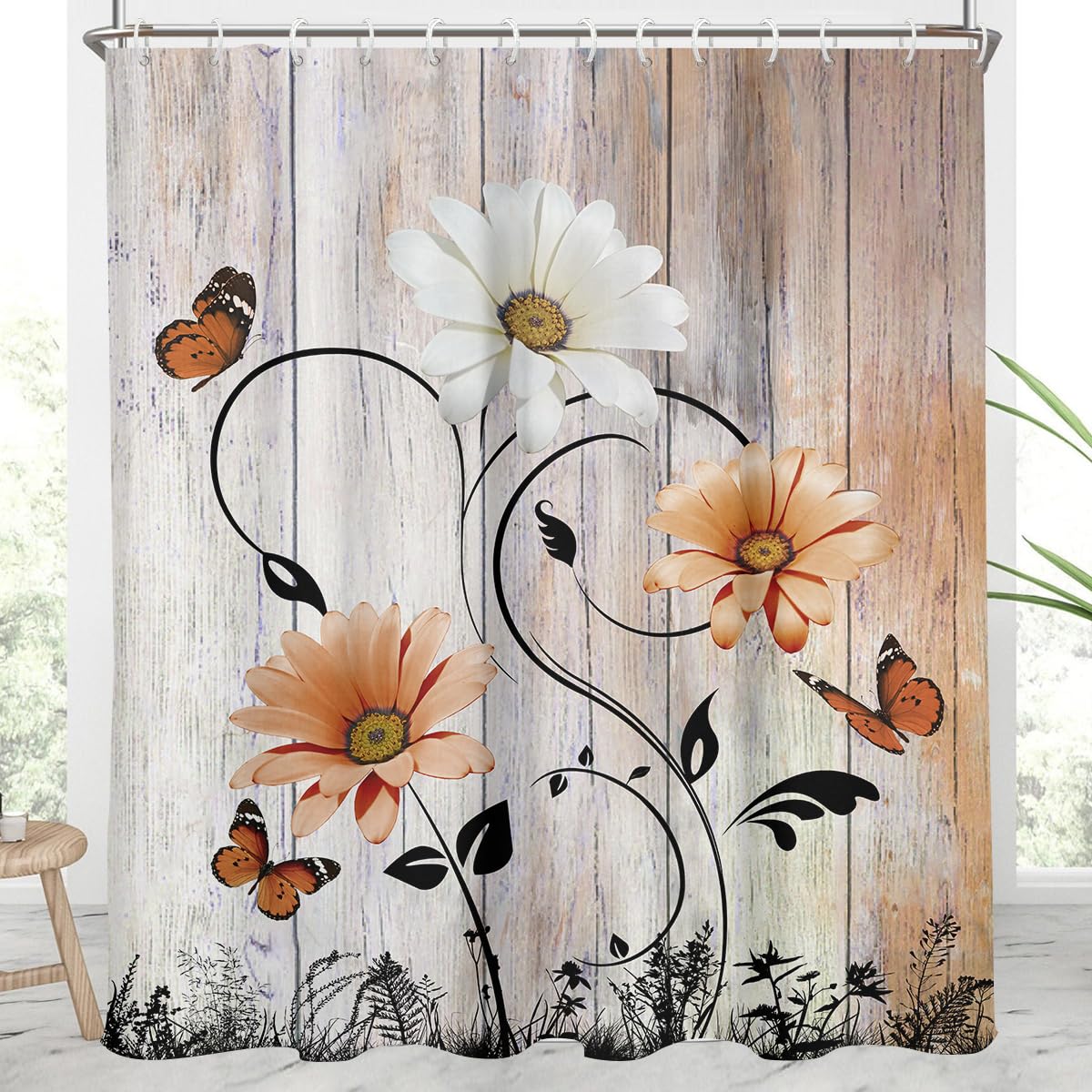 AAtter Burnt Orange Floral Shower Curtain Rustic Flower White Daisy Country Butterfly Vintage Bright Terracotta Extra Long XL Large Home Bathroom