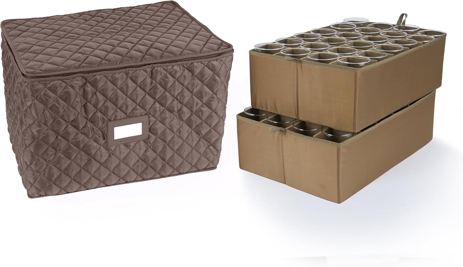 Covermates Adjustable Glassware Storage Container with FlexGrid Dividers, Padded Quilted Organizer for Wine Glasses & Stemware, Zipper Closure, ID Window, Stackable Storage, Bronze