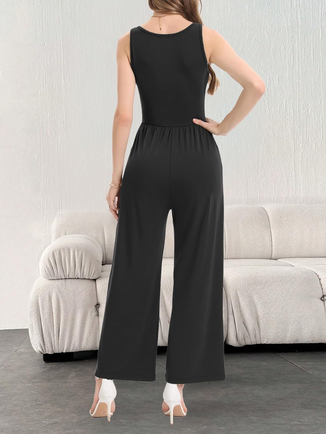 AUXDIO Women's Casual Sleeveless Jumpsuits One Piece Tank Crew Neck 2025 Wide Leg Pant Romper with Pocket - Image 5