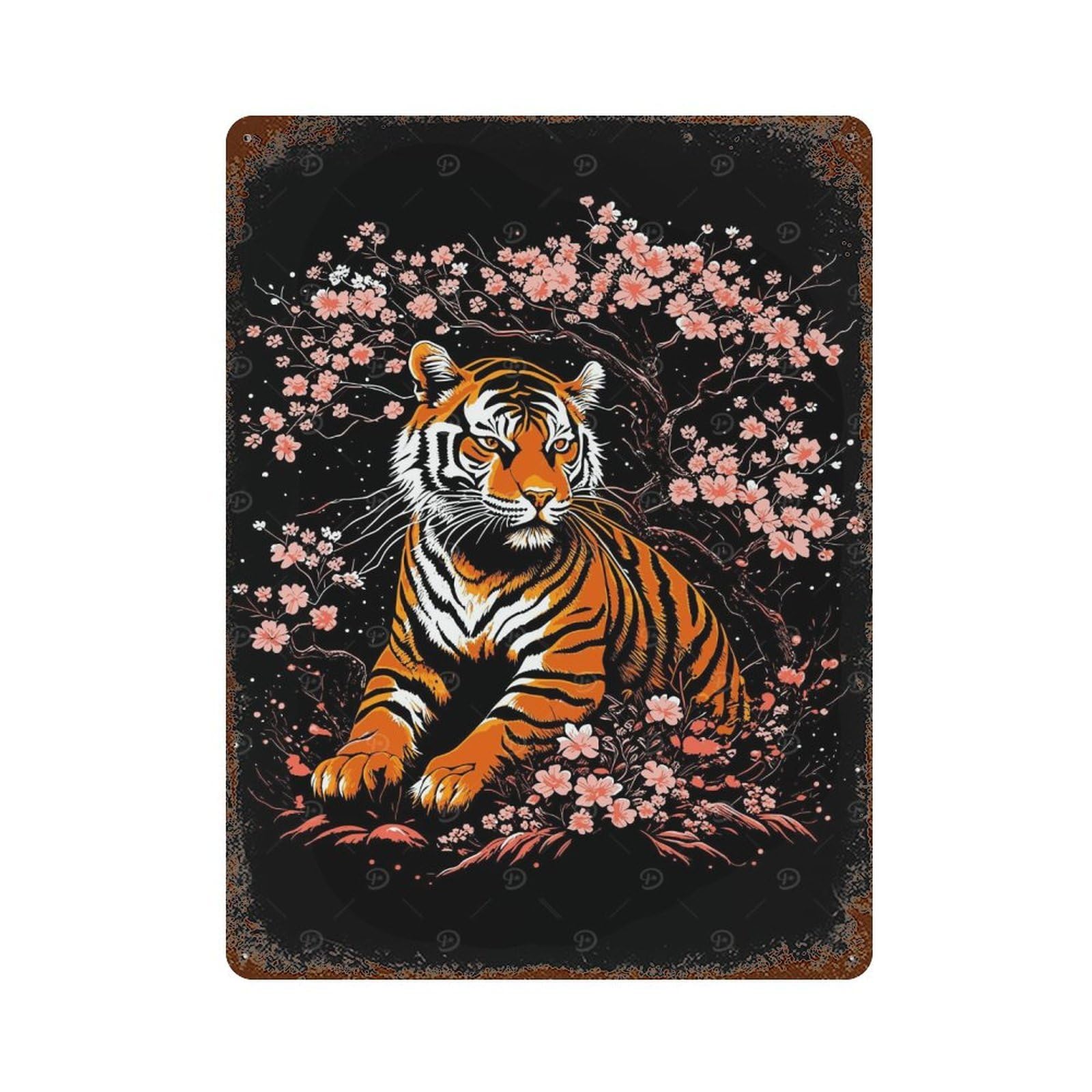 Tiger And Sakura Vintage Wall Sign 15.7"x11.8", Rust Effect Metal Decor for Bistro, Counter And Cafe Decor