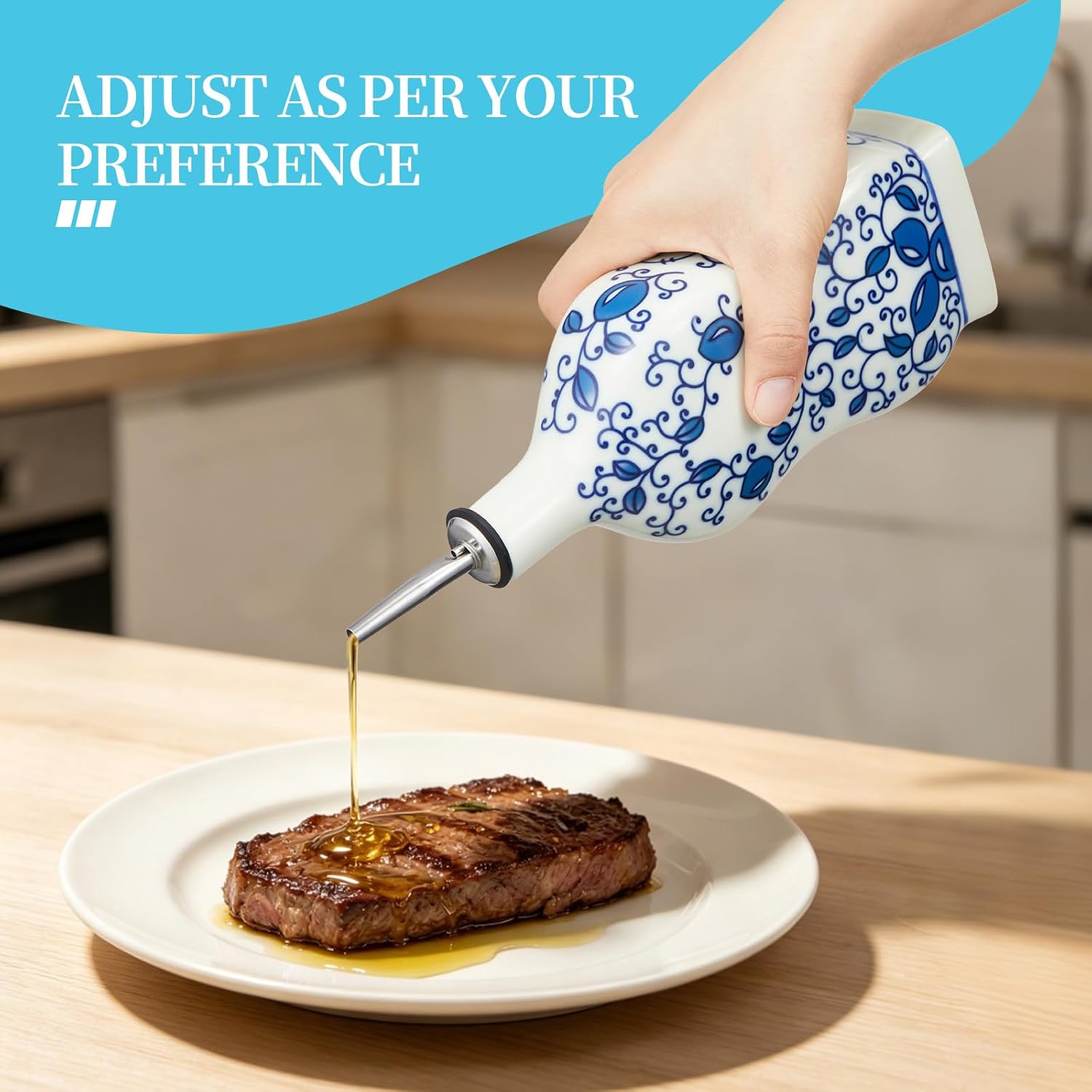 1Pcs Ceramic Olive Oil Dispenser, 16oz/473ml Square Oil Bottle Equipped with Stainless Steel Nozzle & Funnel for Kitchen & Dining Room, Perfect for Storing Oil, Vinegar & Soy Sauce (Blue and White)