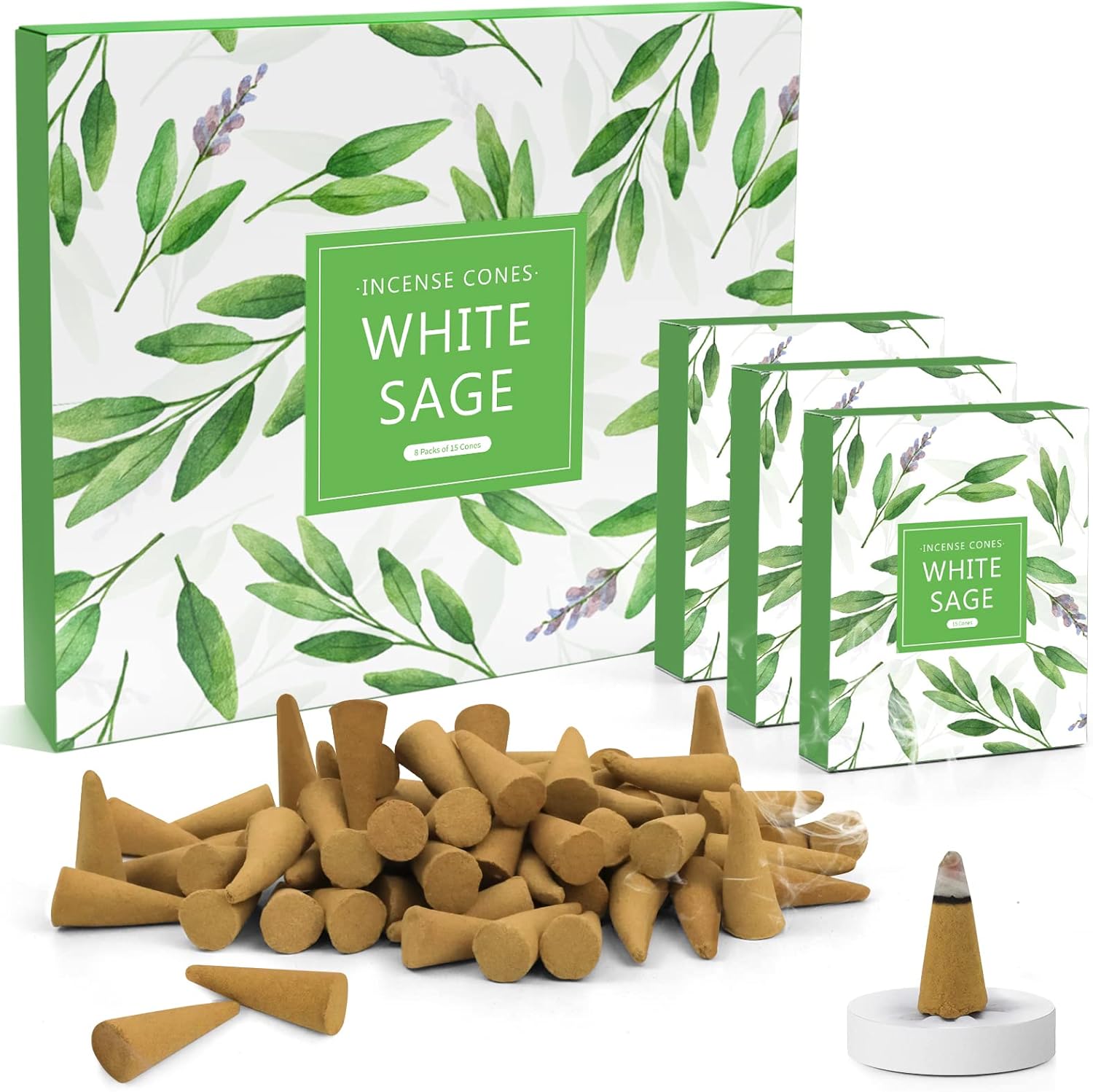 White Sage Incense Cones 120 Pcs, Incense Cones with Incense Holder Natural Scents Cones Incense