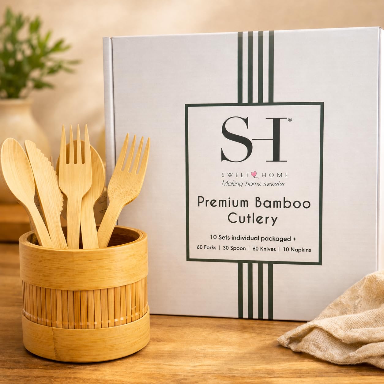 Sweet Home - Set di utensili in bambù 100% compostabili, usa e getta, 180 pezzi, 70 forchette, 40 cucchiai e 70 coltelli, posate ecologiche per feste, campeggio