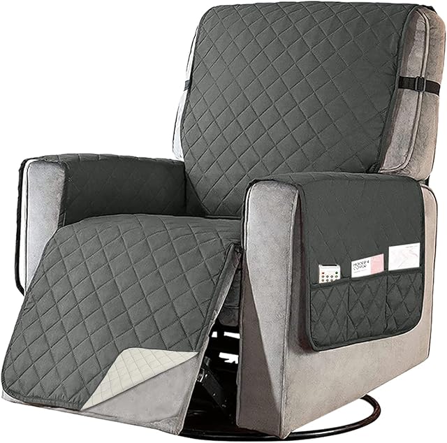 Recliner Cover, Reversible Quilted Recliner Sofa Cover Couch Cover Slipcovers Oversized for Living Room, Water Resistant Washable Furniture Protector with Elastic Straps for Kids, Dogs, Pets (Grey)