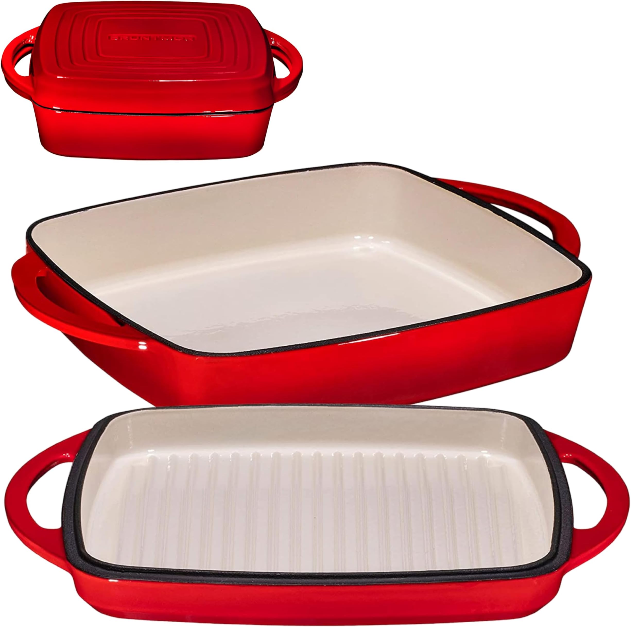 2-in-1 Square Enameled Cast Iron Dutch Oven Baking Pan and Gridle Lid with Dual Handles, Cast Iron Skillet lid, Coating Gridle for baking, bacon,Steaks - Red
