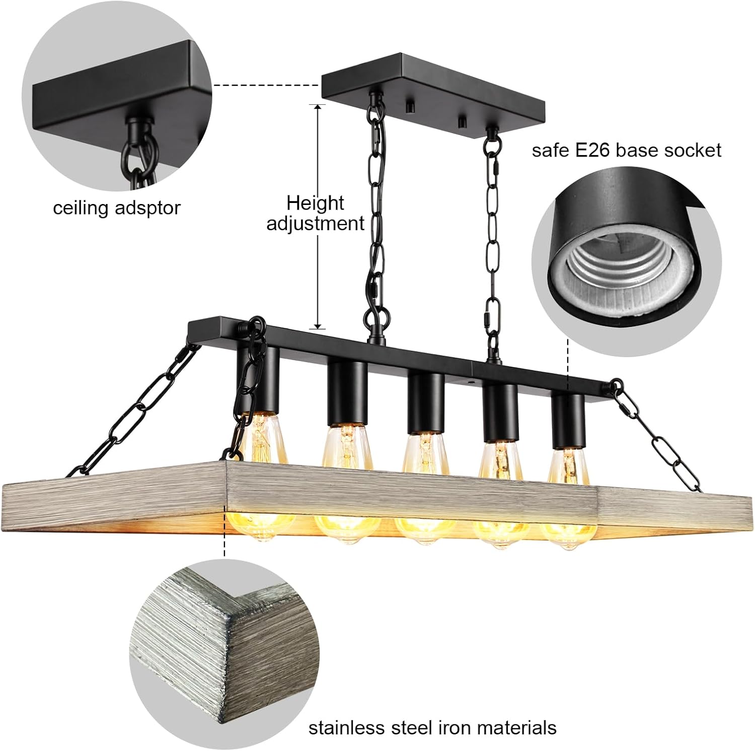 Rustic Chandeliers Dining Room 31.5" Farmhouse Chandelier Black Metal Retro Wood 5-Light Industrial Kitchen Lights Island Table Rectangular Entryway Hanging Fixture