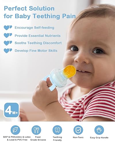 Miniatura 9 de Alimentador de frutas de silicona para bebés con bandeja congelador (paquete de 2), mordedores, juguete de dentición para bebés, moldes de paletas