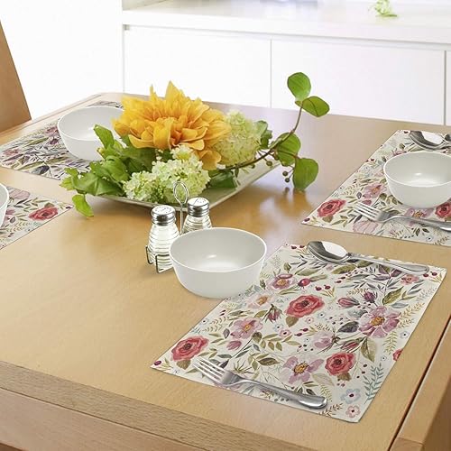 Miniatura 4 de Ambesonne Shabby Flora - Juego de 4 manteles individuales de tela lavable para mesa de comedor, tamaño estándar, color rosa crema