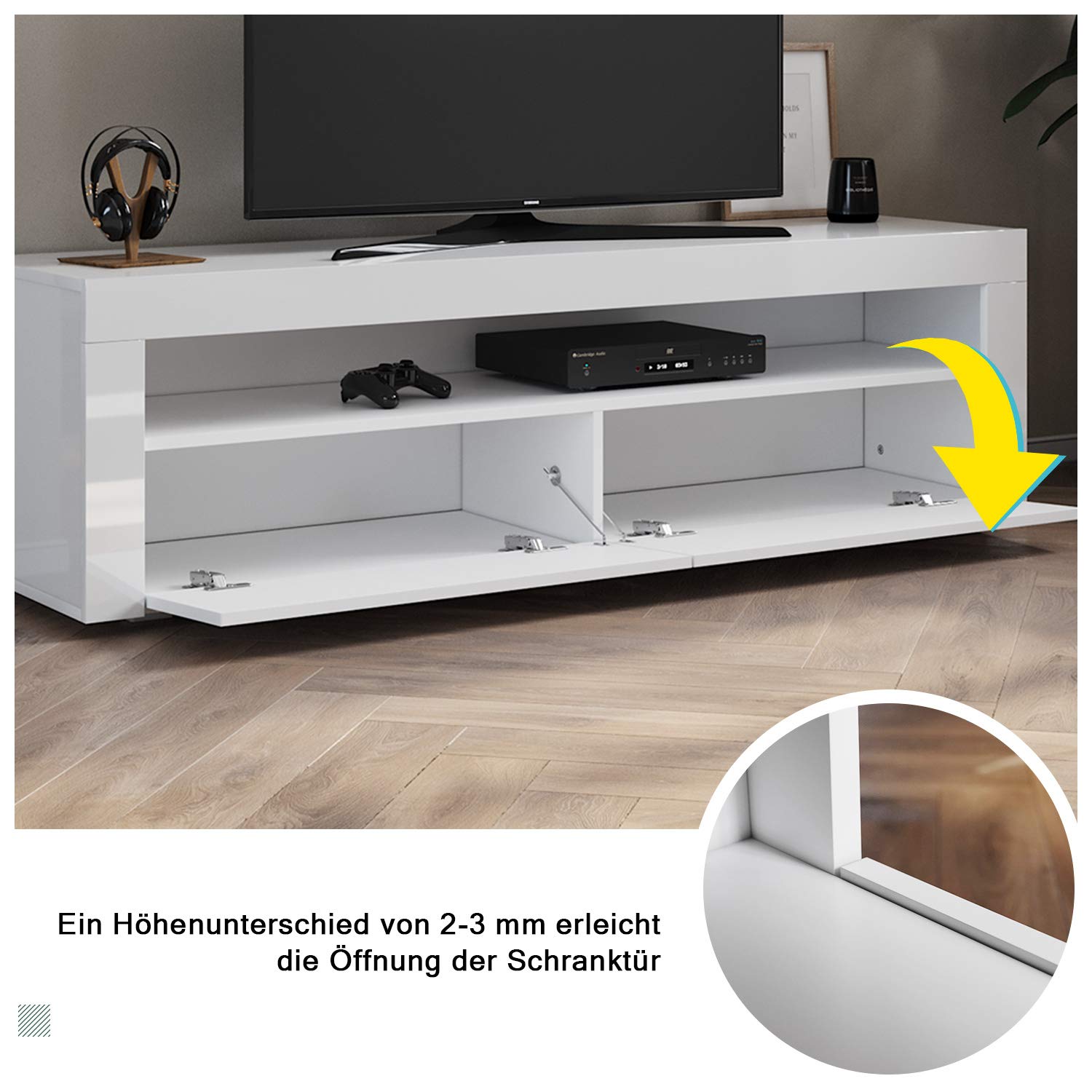 SONNI TV-Schrank mit LED (16 Farben), 2 Türen, Hochglanz Weiß, 155x40x45cm | Lowboard für Fernseher bis zu 60 Zoll, TV Board mit Großer Stauraum, TV-Regal für Wohnzimmer, Esszimmer, Schlafzimmer