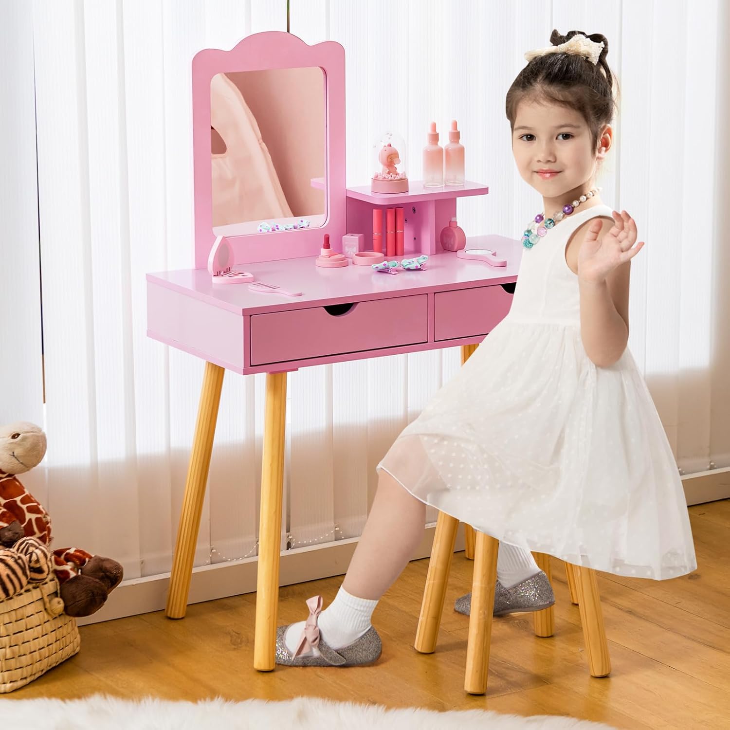 GLACER Kids Vanity with Stool, 2-in-1 Toddler Vanity w/Storage Drawers & Open Shelf, Solid Wood Legs, Princess Wooden Kids Vanity Table and Chair Set for Little Girls Ages 3+ (Pink)