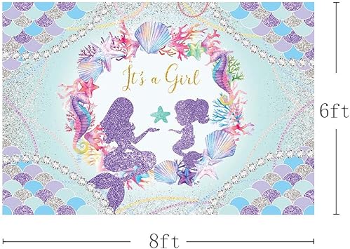 MEHOFOND 8x6ft Mermaid Theme Baby Shower Backdrop for Girls It's a Girl Baby Shower Photography Background Mermaid Scales Pearl Baby Shower Gender Reveal Party Cake Smash Photo Studio Props