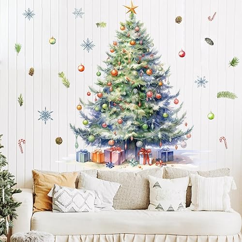 Miniatura 5 de 64.96 x 59.05 pulgadas, calcomanías de pared grandes de acuarela para árbol de Navidad, removibles, bricolaje, acuarela, árbol de Navidad,