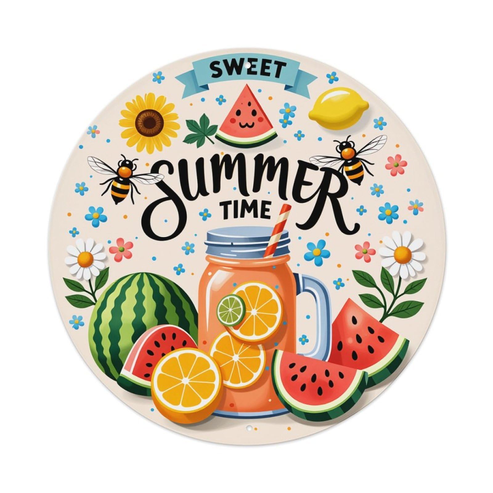 Sweet Summer Time Fruit Bees Vintage Metal Tin Sign Retro Wall Decor for Home Bar Garage Cafe, Indoor & Outdoor Decorative，circle Metal Poster, 8x8 Inch