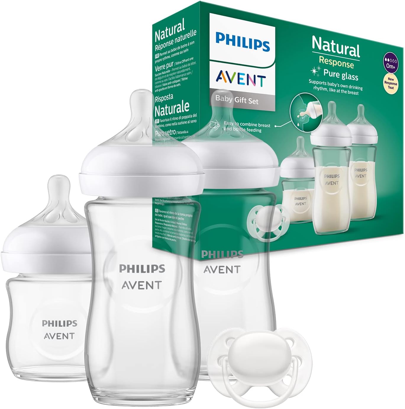 Philips Avent Glass Baby Bottle Newborn Gift Set - 3 Baby Milk Bottles, Ultra-Soft Pacifier for Babies Aged 0-6 Months+ (Model SCD878/11)