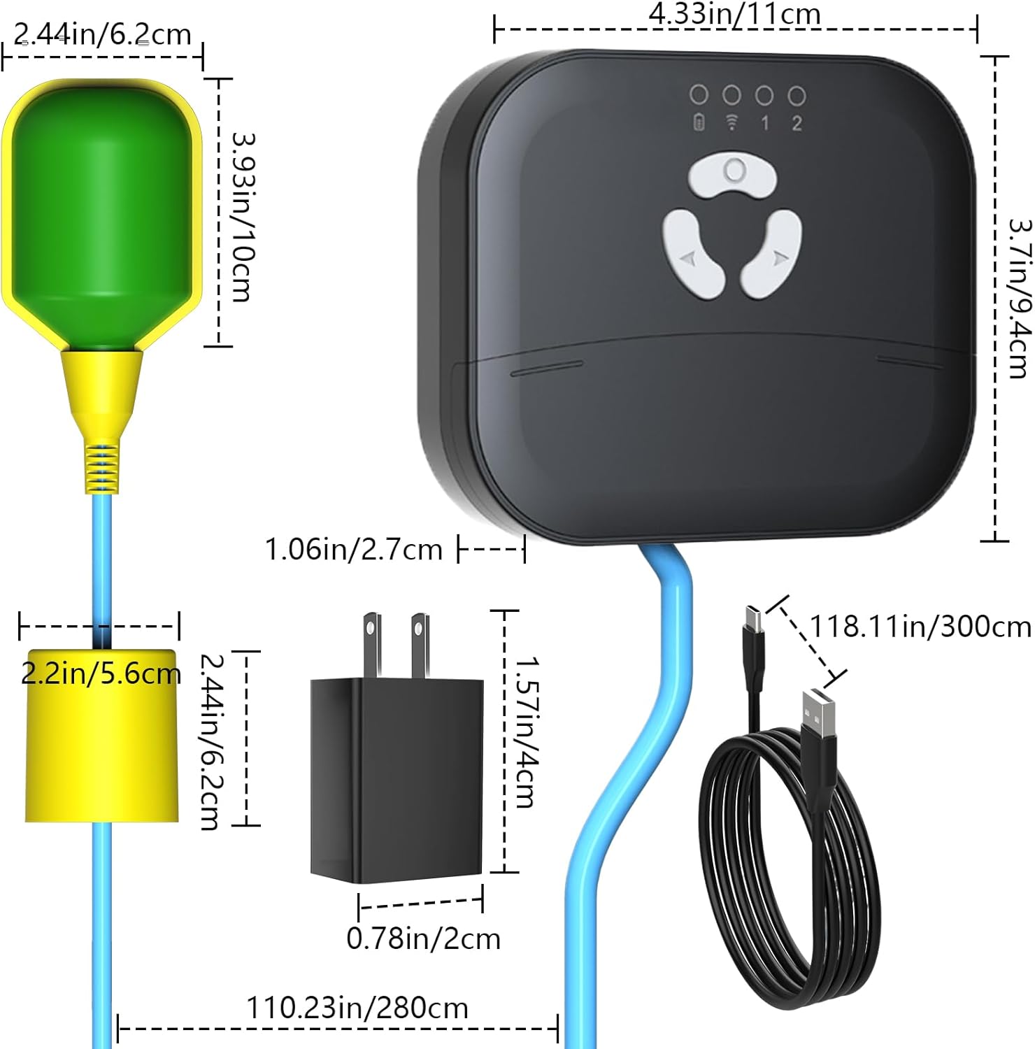 WiFi Sump Pump Alarm with Backup Battery, Smart High/Low Water Level Monitor with Phone Alerts, 10Ft Float Switch, IP44 Splash-Proof,110dB Loud Siren for Septic Tank, Basement and Cistern