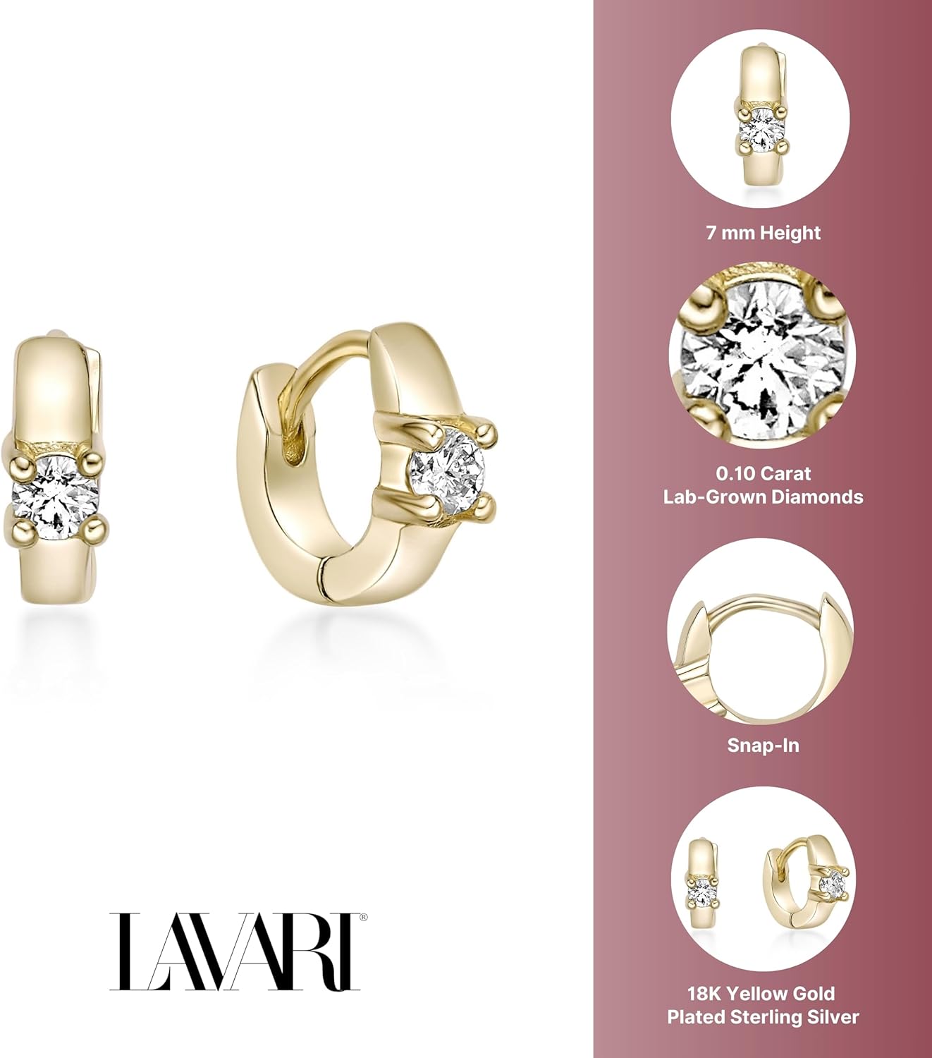 Lavari Jewelers Lab Grown Diamond Huggie Hoop Earrings for Women - 18k Yellow Gold Plated 925 Sterling Silver Earrings for Her (F-G, VS1-VS2, 0.10 cttw) Petite Hypoallergenic Snap-In Hinged Hoops