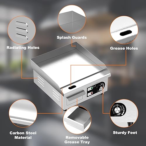 Miniatura 5 de Plancha eléctrica comercial de 14 pulgadas, plancha eléctrica de hierro fundido con material de acero inoxidable y antiadherente, plancha comercial