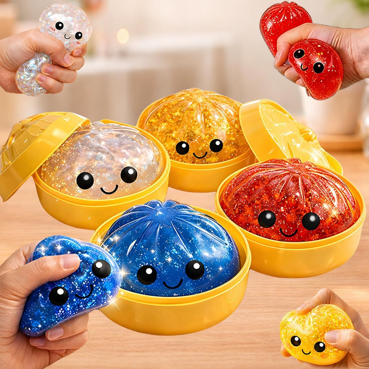 Glitter Dumpling Squishy Mystery Box, 4 Pack Dumpling Squishy with Mini Steamer Baskets, Soft Slow-Rising Squeeze Toys, Cute Sensory Fidget Set for Desk, Travel & Gifts (4pc)