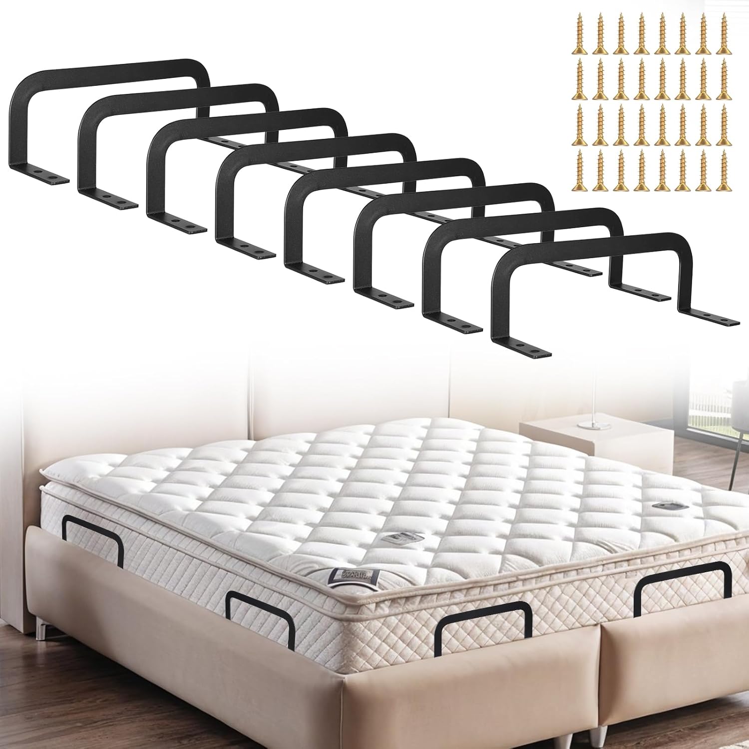 8 Pack Mattress Retainer Bar – Heavy-Duty Anti-Slip Mattress Gripper for Wooden/Adjustable/RV Beds | Black Iron Stabilizers with 32 Screws (10.2” x 3.1” x 3.5”)