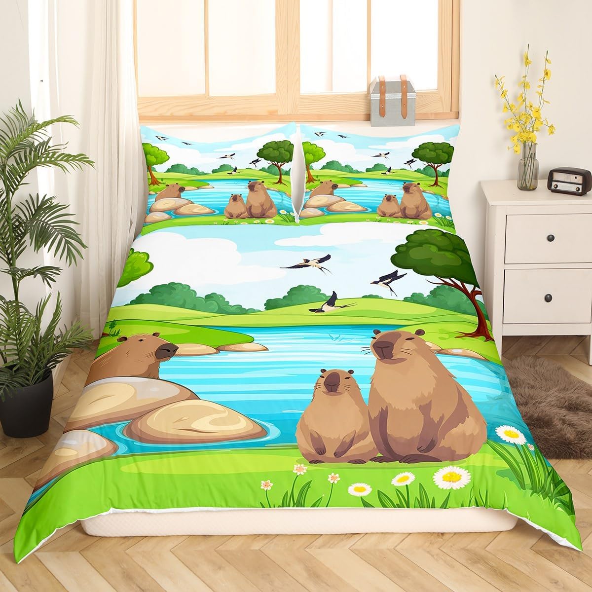 Toddlers Capybara Bedding Set Cartoon Wild Animals Duvet Covers for Kids Boys Girls Bedroom, Zoo Animal Comforter Cover Capybara Gifts for Kids Jungle Natural Bed Cover with 2 Pillowcases, Full