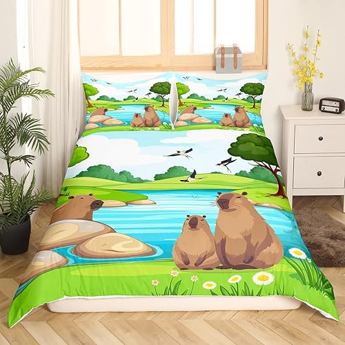 Miniatura 2 de Juego de ropa de cama de Capybara para niños pequeños, fundas de edredón de animales salvajes de dibujos animados para niños y niñas, funda de