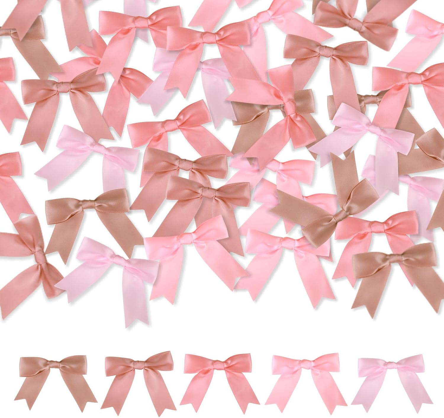 50 Pcs Dusty Rose Gold Assorted 2.5 Inch Premade Pretied Satin Ribbon Twist Tie Bows for Treat Bags Gift Wrapping Wedding Baby Shower Brithday Valentine's Day Christmas Party(2.5”Rose Pink)