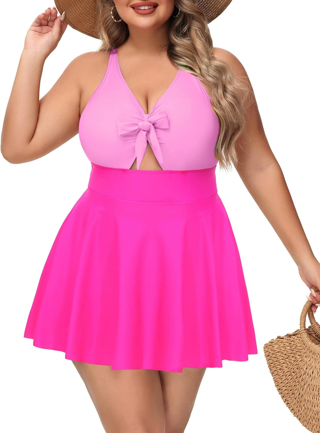 NIeyook Womens Plus Size One Piece Swimsuit with Skirt V Neck Cutout Flowy Swim Dress Tummy Control Bathing Suit