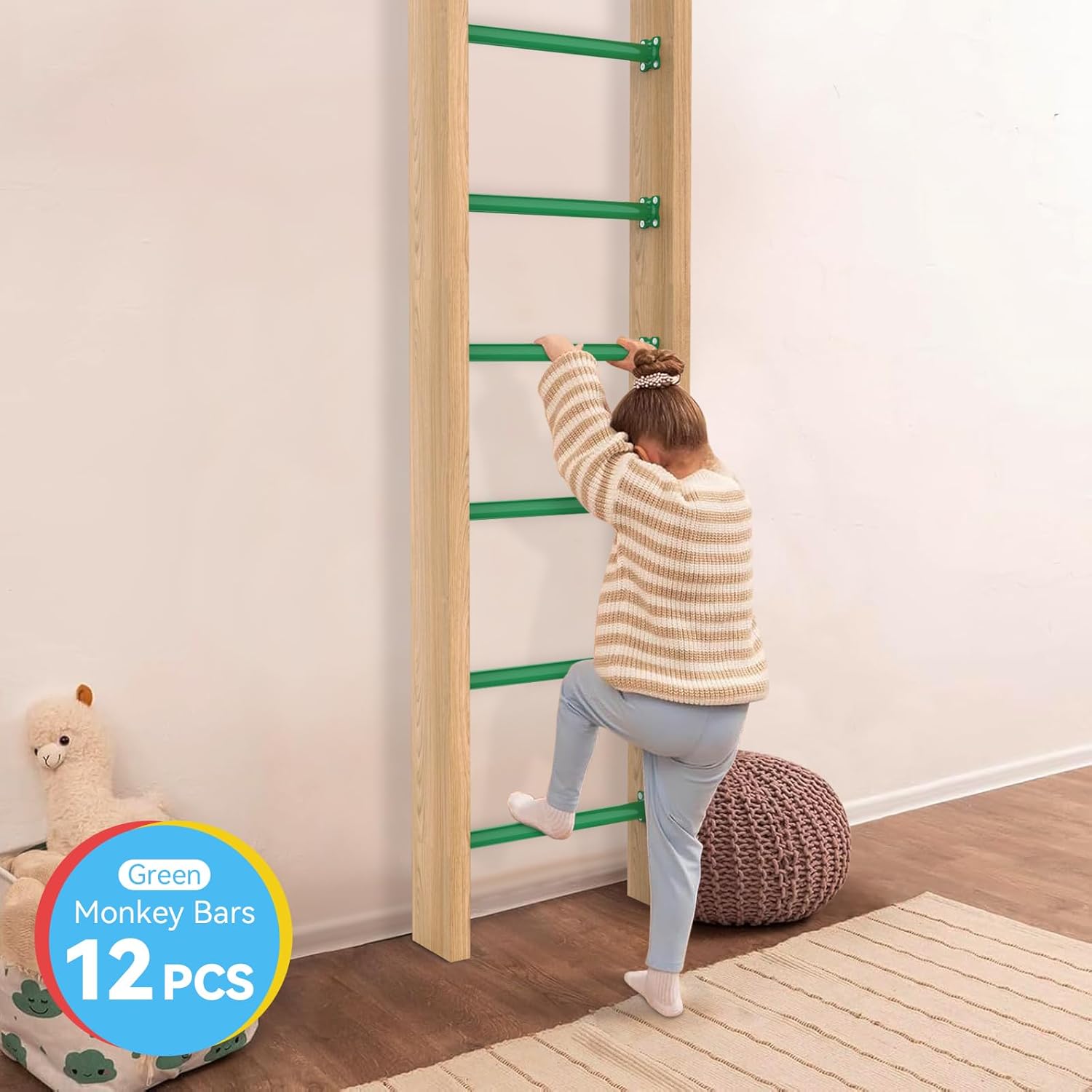 16.5 Inch Monkey Bars Kit Playground Ladder Rungs for Backyard Indoor Outdoor Kids Metal Bars Swing Set Playset Accessories (Green, 12 Pcs)