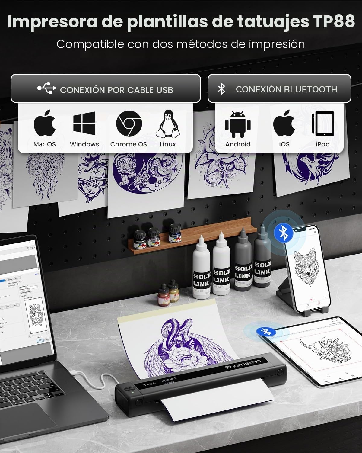 Phomemo Termocopiadora Tattoo, TP88 Impresora Termica Tattoo, A4 Impresora de Tatuajes Portatil, Stencil Tattoo Printer con 10 Hojas de Papels Transfer Tattoo para Smartphone, Tablet PC