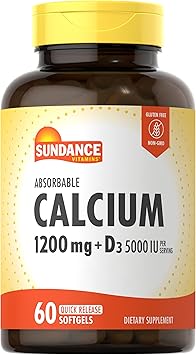 Sundance Calcium 1200 mg with Vitamin D3 5000 IU | 60 Absorbable Softgels | Non-GMO & Gluten Free Supplement