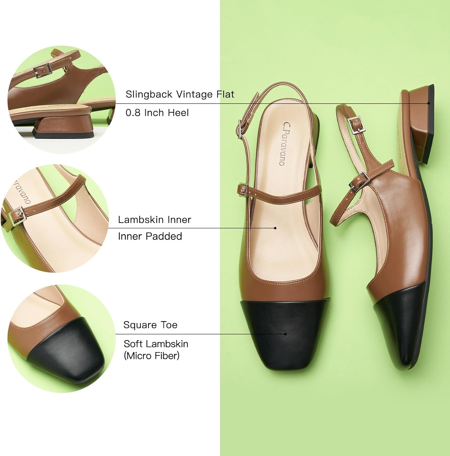 C.Paravano Square Toe Slingback Sandals for Women | Women's Slingback Flats | Sandals for Women | Block Heel Slingback | Closed Toe Sandals Women - Image 5