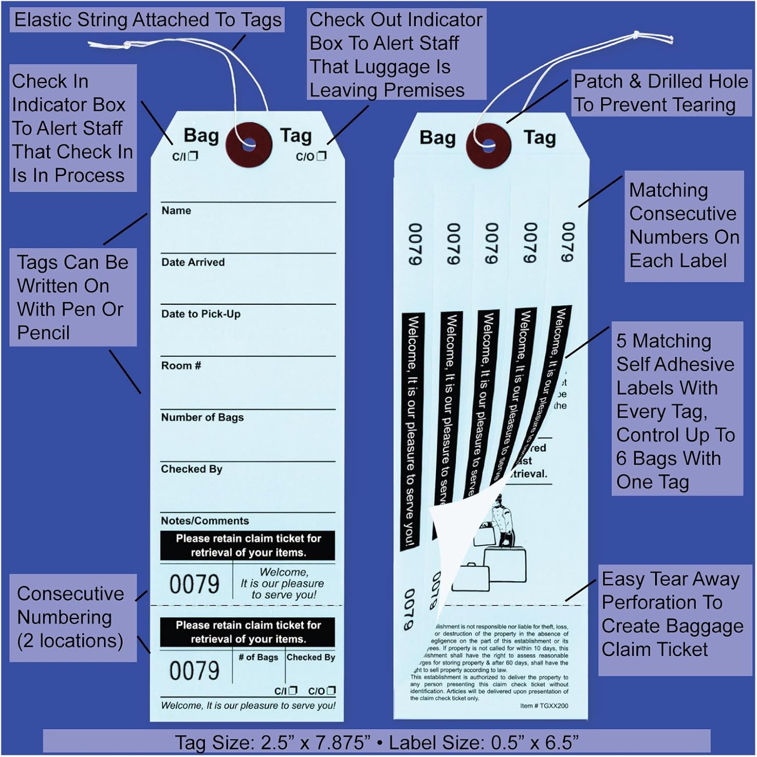 100 Light Blue Hotel Baggage Claim Check Tags with 5 Matching Numbered Labels. Ideal Label & Tag Combo for handling of Luggage & Storage Management. Size: 11" (H) x2 1/2" (W).