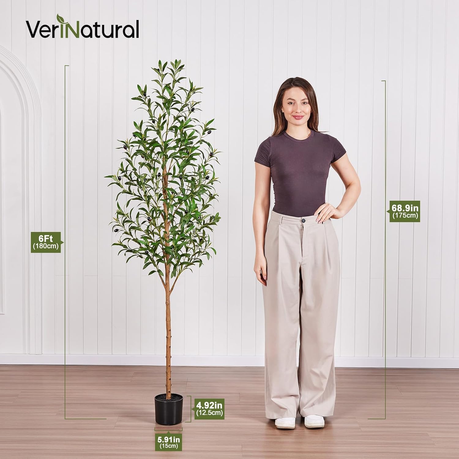 6FT Artificial Olive Tree Indoor – Real Wood Trunk Tall Faux Olive Tree, Large Fake Potted Plant for Home Decor Living Room& Office Decor,VN245