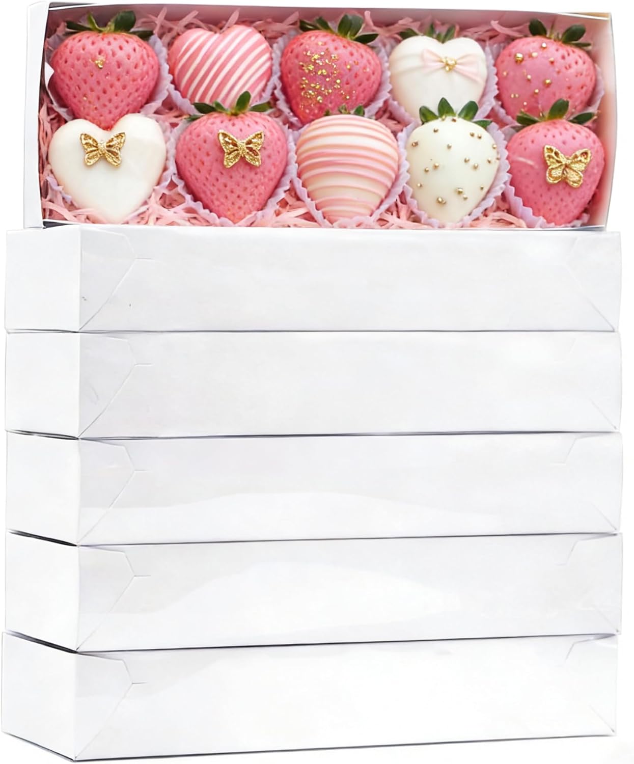 50 Pack 12x4.5x2 Inch Chocolate Covered Strawberries Boxes Drawer Macaron Boxes Bakery Box with Full Clear Window Cookie Box for Wedding Favors