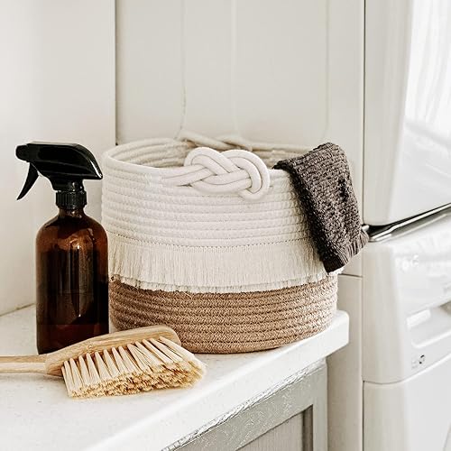 Miniatura 8 de CherryNow canasta de almacenamiento tejida de cuerda de algodón, canasta decorativa para pañales, mantas, revistas y llaves, con adorable borla,