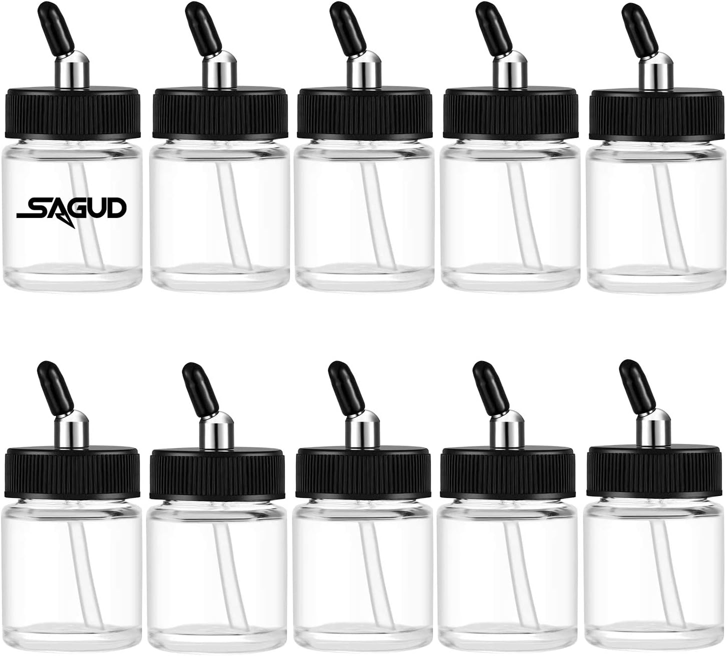 10pcs Glass Airbrush Bottles Kit 3/4 Ounce (20cc) Airbrush Jar with 10pcs Adapter Cap Covers Set and 30° Down Angle Adaptor Lid, Fits Dual–Action Siphon Feed Airbrushes