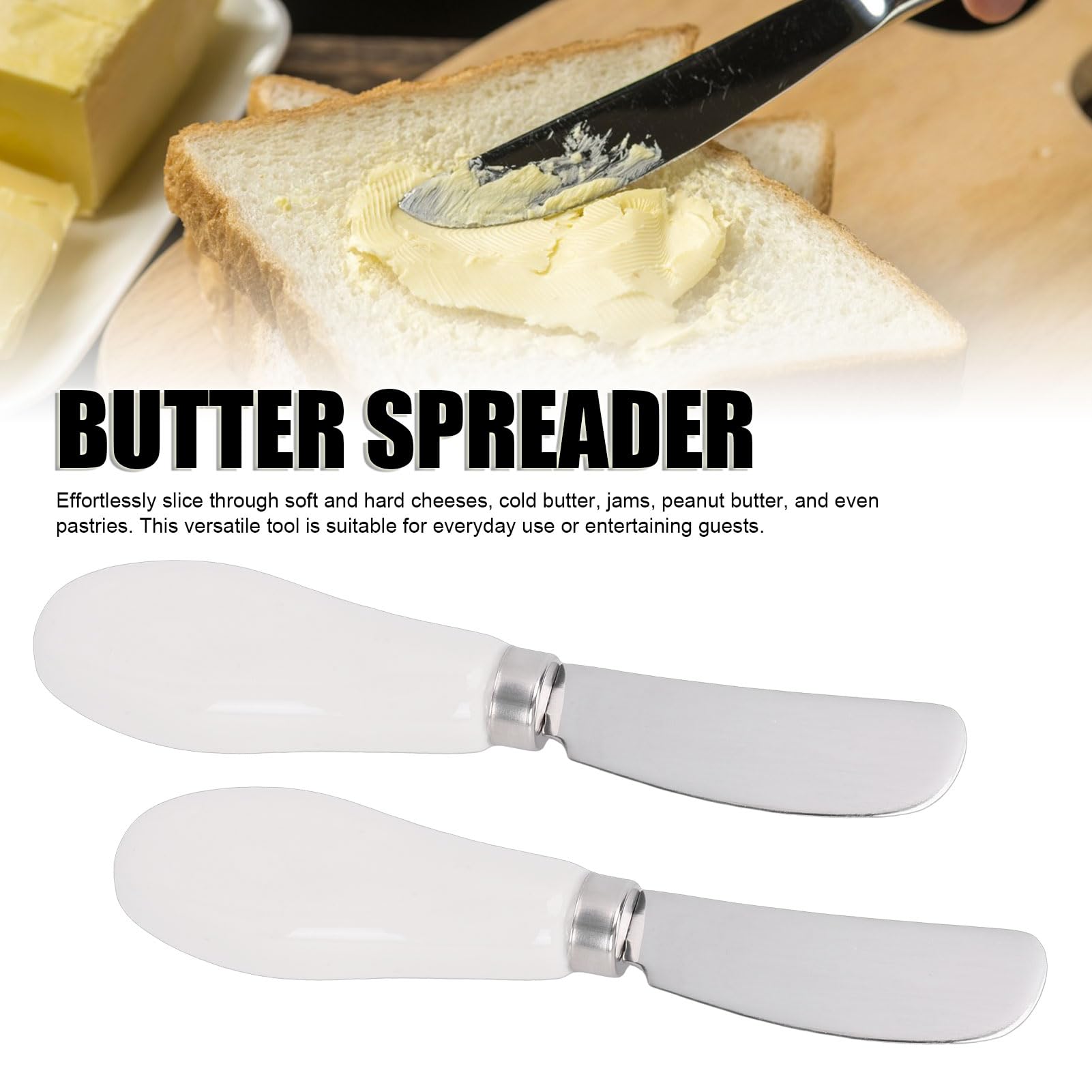 SIXRUN 2 Unidades Untador de Mantequilla, Cuchillo para Queso de Acero Inoxidable Apto para Lavavajillas con de Cerámica para Mermelada, Mantequilla de maní, pasteles. (WHITE)