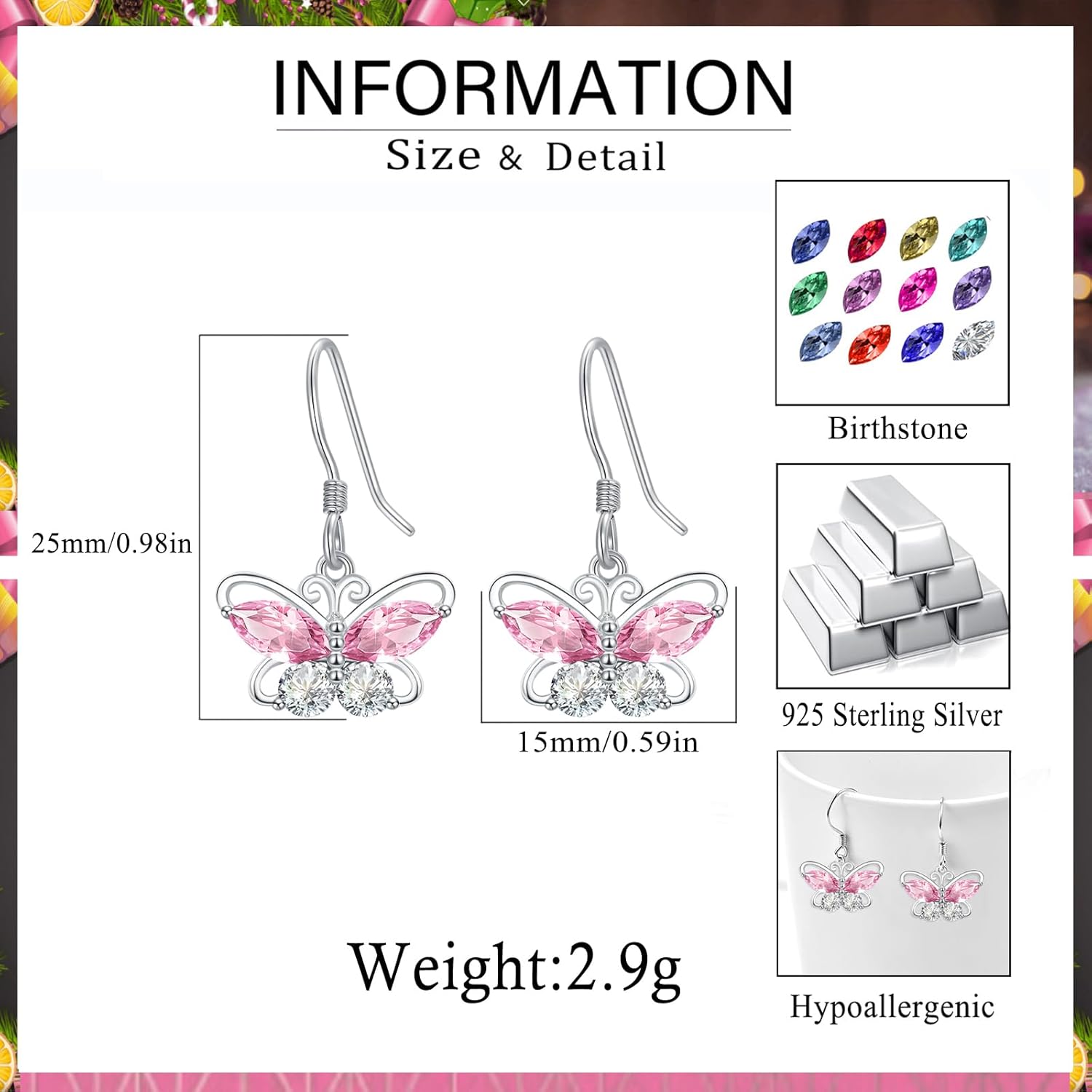 Dreamboat Butterfly Birthstone Dangle Drop Earrings for Women 925 Sterling Silver Cubic Zirconia Butterfly Dangling Hook Jewelry Anniversary Birthday Gifts for Mom Wife Daughter Her
