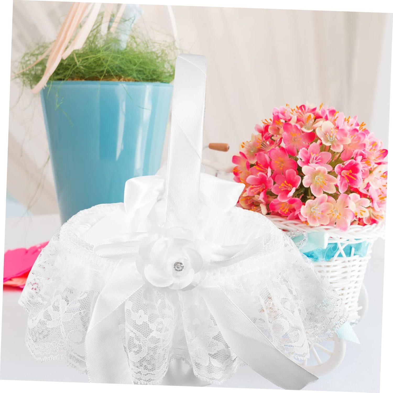 Flower Girl Basket,Rattan Basket,2pcs Wedding Bridal Basket Wedding Flower Basket Bride Flower Basket Girl Bows White Flower Girl Basket Wedding