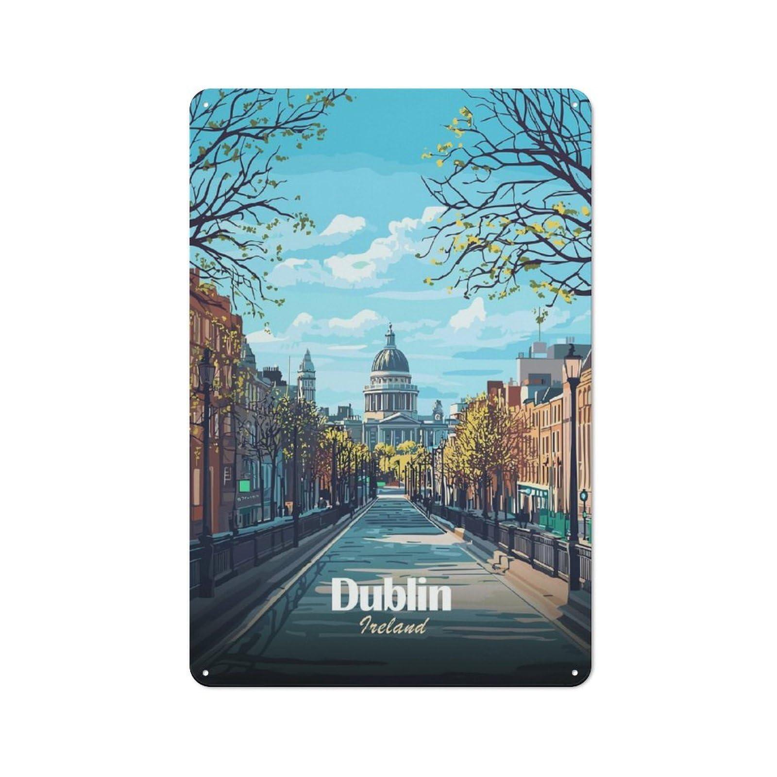 Dublin, Ireland Cityscape Illustration Retro Metal Wall Decor 30x20cm, Vintage Tin Sign for Coffee Bar, Kitchen, Bistro Or Tea Corner