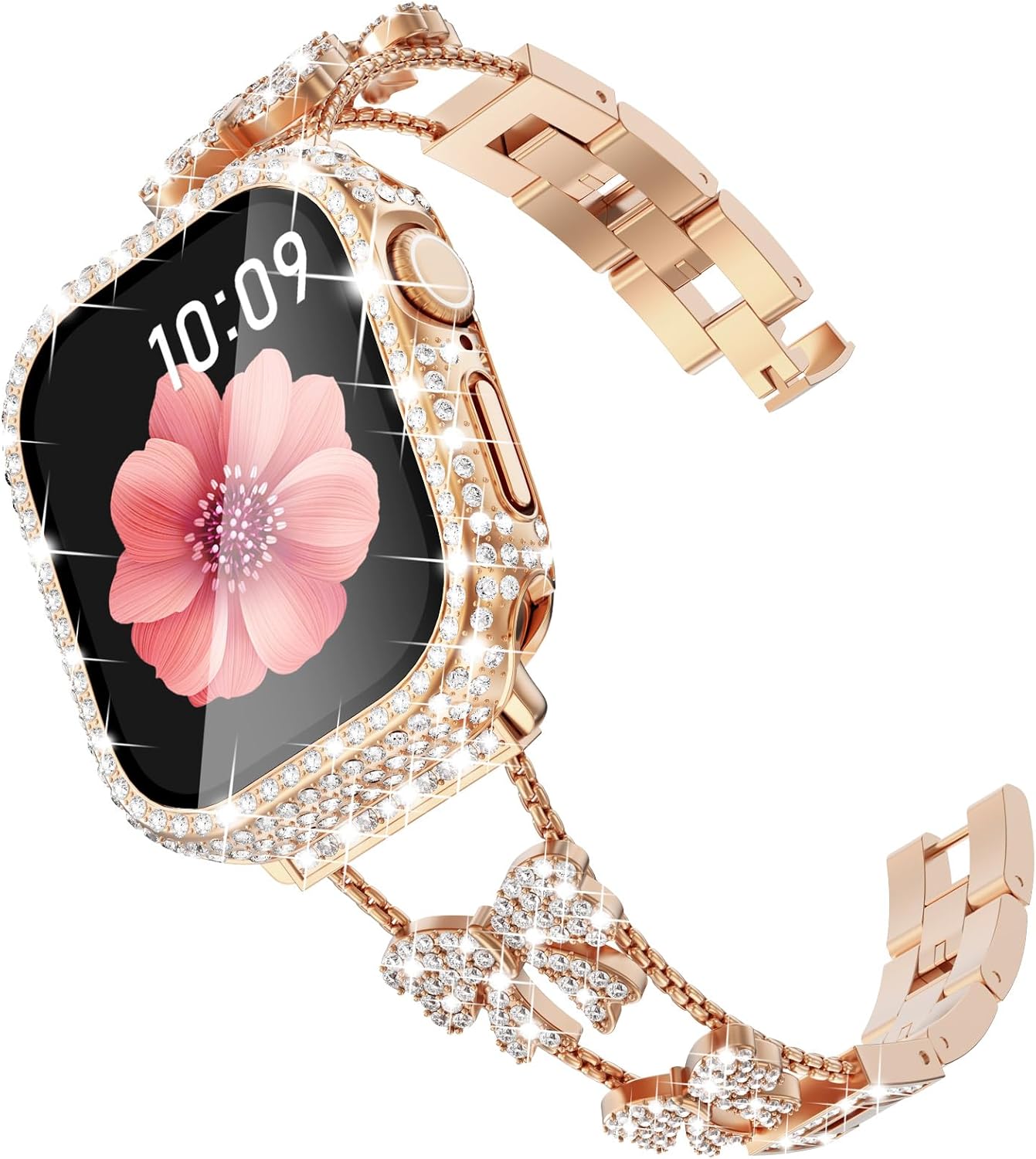 Surace Compatible with Apple Watch Bands for Women 40mm 41mm 44mm 45mm 42mm 46mm, Bow Jewelry Diamond Rhinestone Link Bracelet with 2 in 1 Waterproof Case for iWatch Series 11/10/9/8/7/6/5/4 SE3/2/1