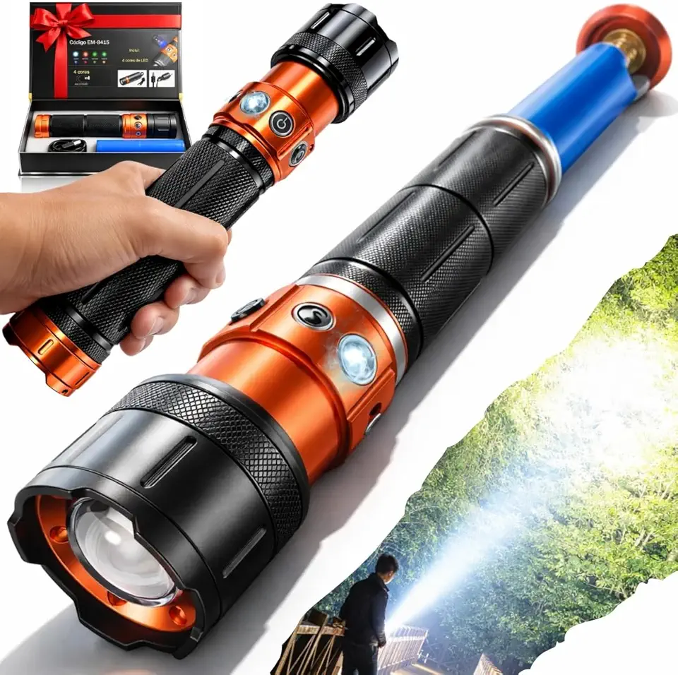 Lanterna Tática Laser Super Potente 2000m Alcance Zoom Ajustável 4 Cores de Luz LED Recarregável USB-C Bateria Longa Duração Display Digital Ideal para Caça Pesca Camping e Segurança Patrimonial