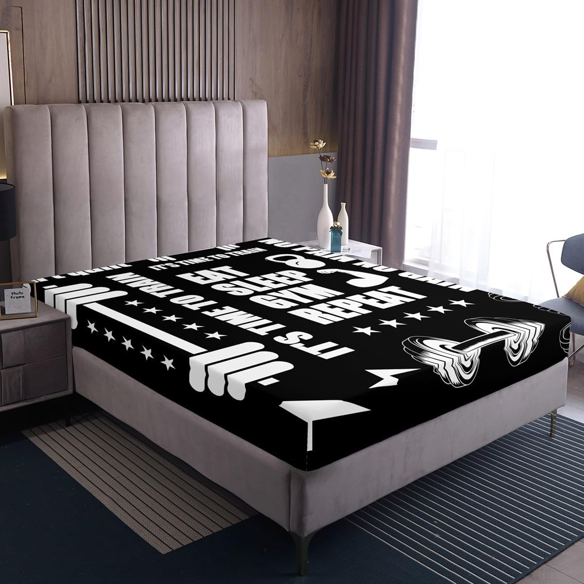 Dumbbell Fitted Sheet Black and White Fitness Bed Sheets, Gym Exercise Barbell Sheets Queen Size Bed Set