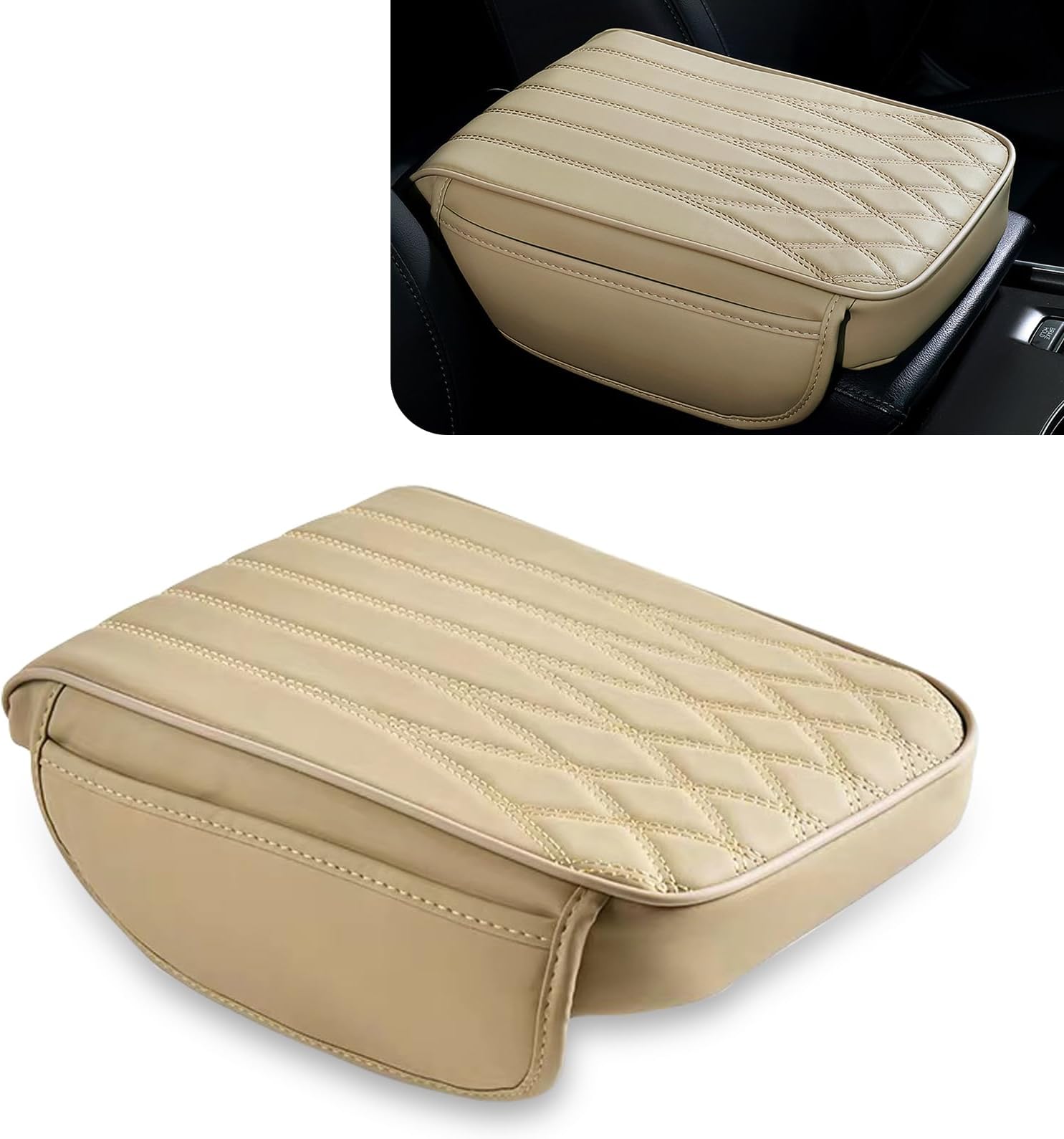 1 PC Car 12.5" x 8.6" x 1.9" Armrest Box Heightening Pad, Memory Pillow Cotton Pressure Relief Comfortable Pad, Leather 3D Texture Anti-Scratch Protective Cover, Universal for Cars (Beige)