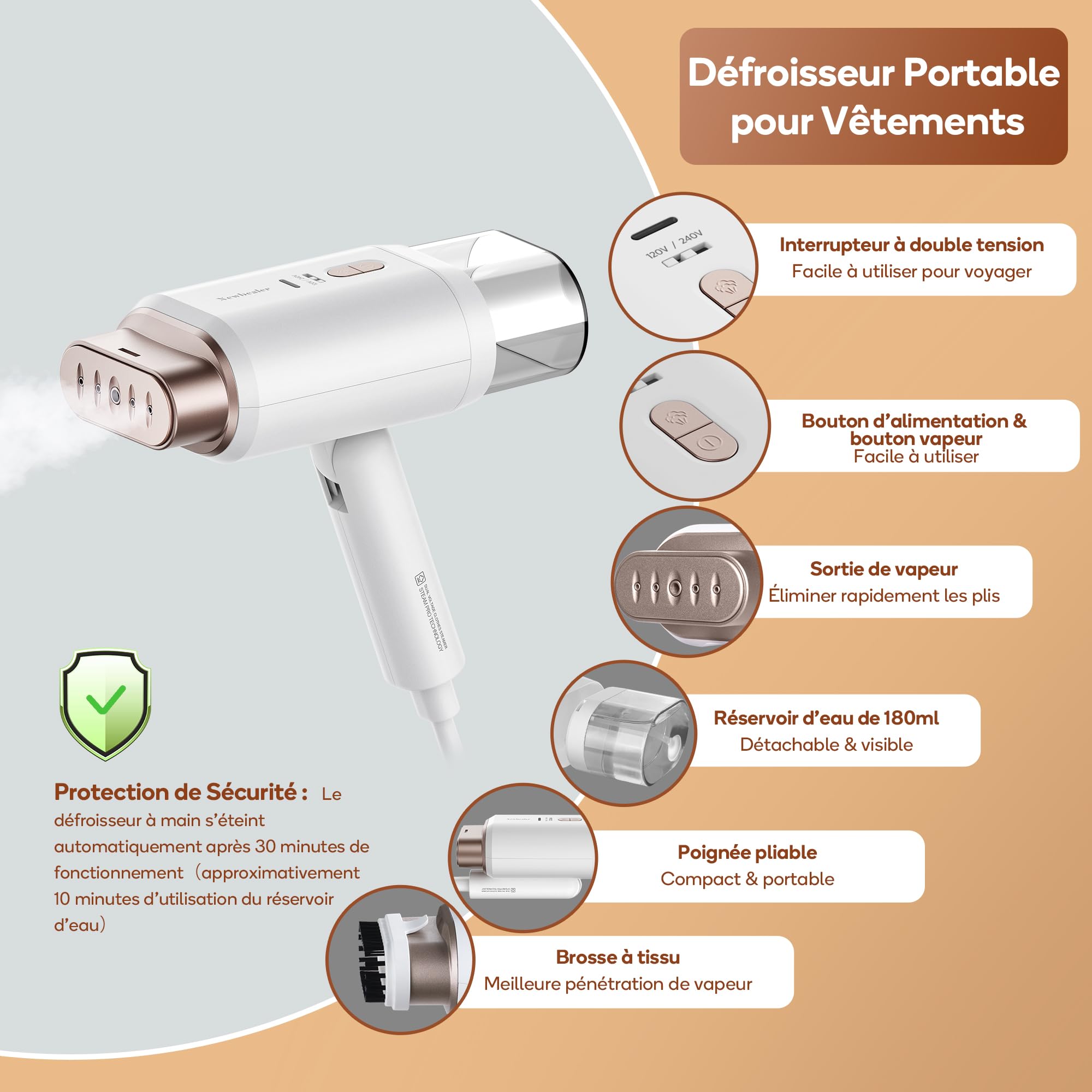 Newbealer Défroisseur Vapeur, Défroisseur de Voyage Double Tension - 220V/120V, 1200W Fer à Repasser à Main avec Réservoir d'Eau Détachable de 180ml, Horizontale et Verticale, Chauffe Rapide en 20s