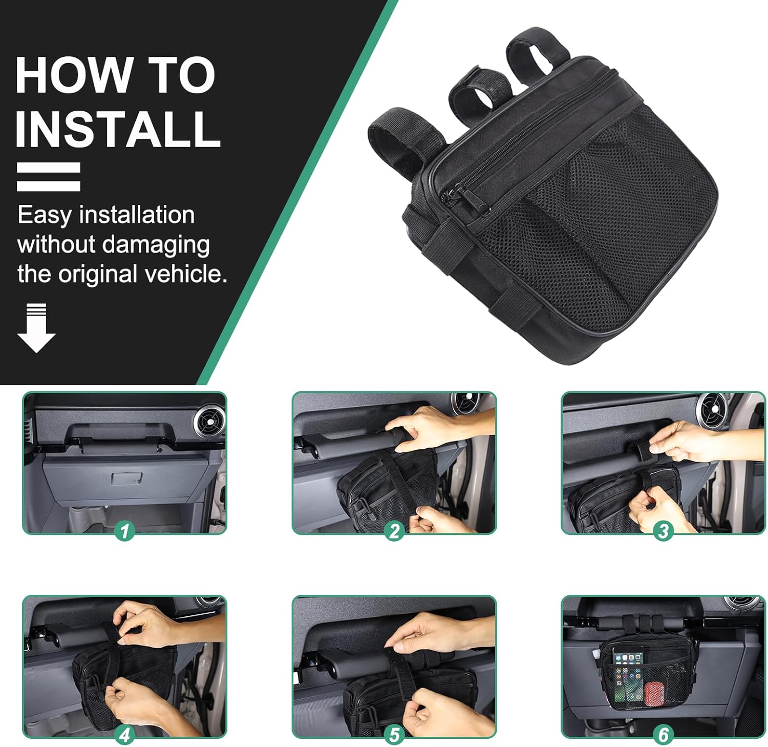 Passenger Handle Organizer Bag Compatible with INEOS Grenadier 2020-2024, Passenger Grab Handle Storage Bag Multifunction Black Mesh Tools Bags Travel Essentials Holder Pouch